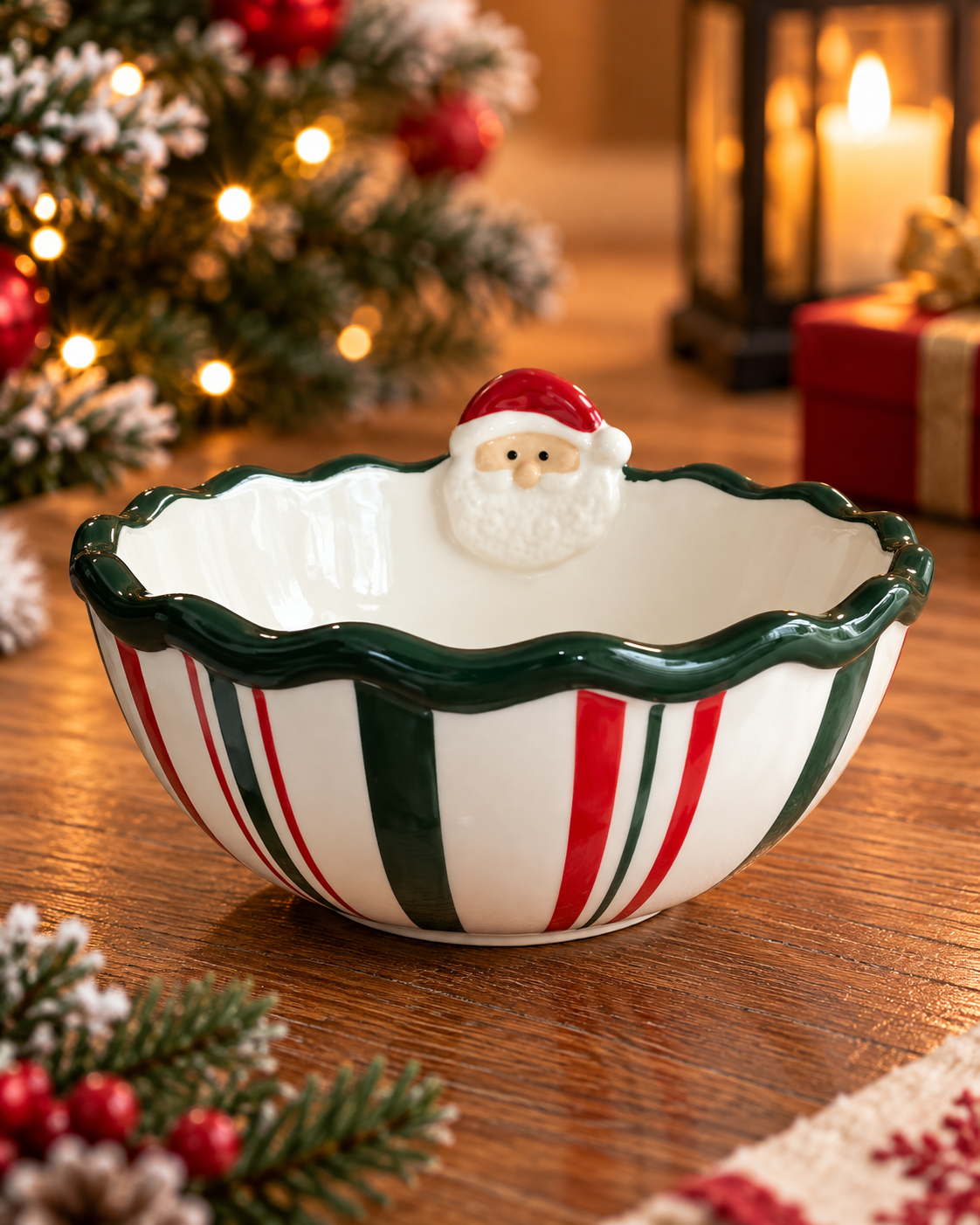 Striped Christmas Candy Bowl With Santa